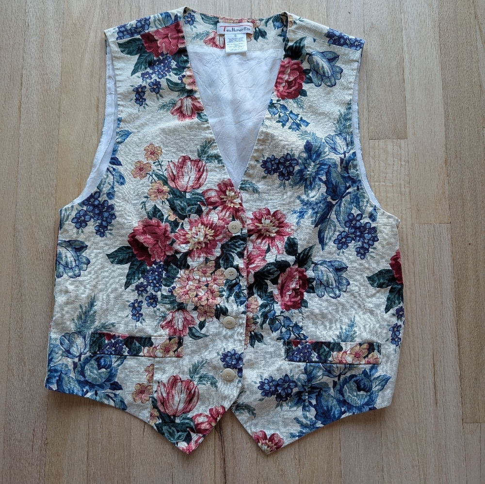 Talbots Vintage (?) Floral Button-Up Linen And Cotton Vest (Size Small)